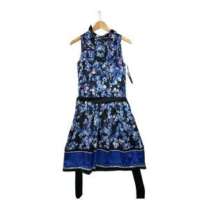 White House Black Market Sleeveless Cocktail Floral‎ Print Dress size 4 Blue